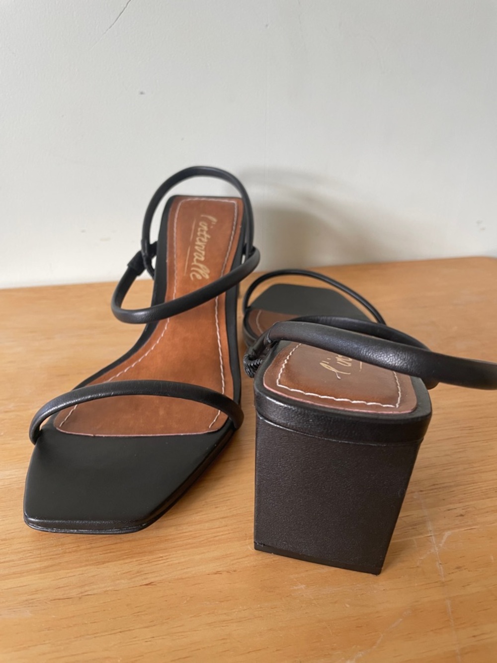 L'INTERVALLE Black Leather Sandals Strappy Square-Toe Block Heels, Size 8 - Picture 10 of 10